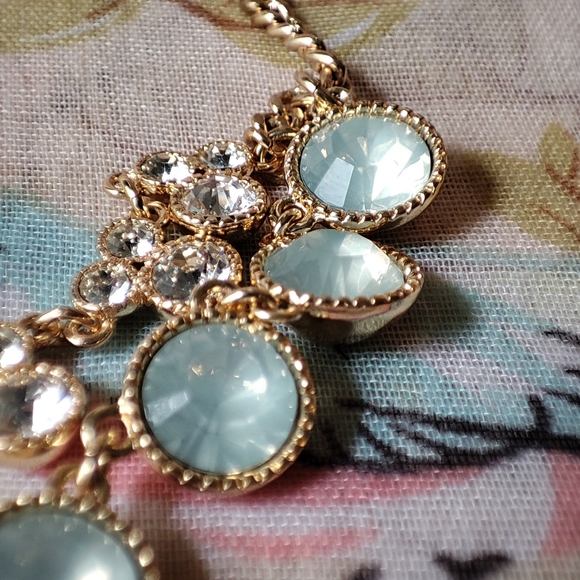 Milky Opaline Seafoam Crystal Glass Gold Tone Statement Necklace Crown Logo NEW - Picture 6 of 10